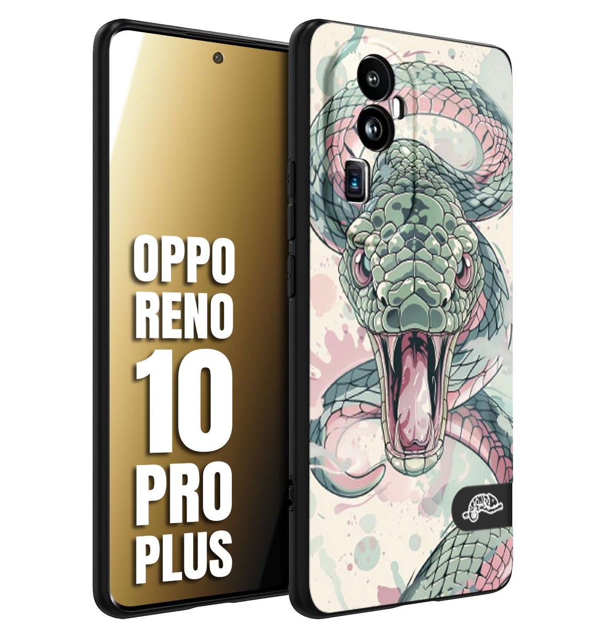 CUSTOMIZZA - Custodia cover nera morbida in tpu compatibile per Oppo Reno 10 PRO PLUS snake pink green serpente tatuaggio tattoo disegnato a mano