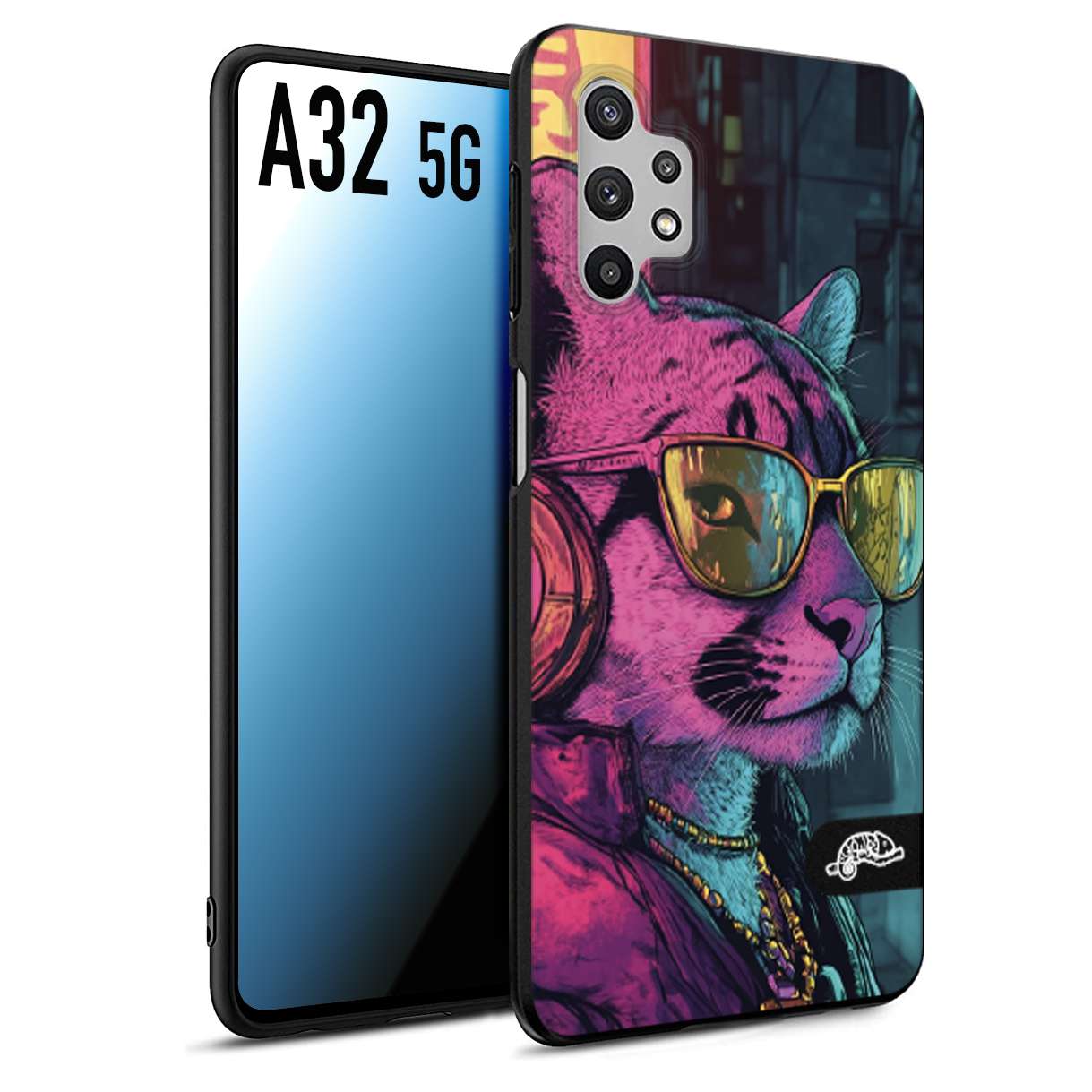 CUSTOMIZZA - Custodia cover nera morbida in tpu compatibile per Samsung A32 5G animali cyberpunk pantera street cat fucsia blu giallo