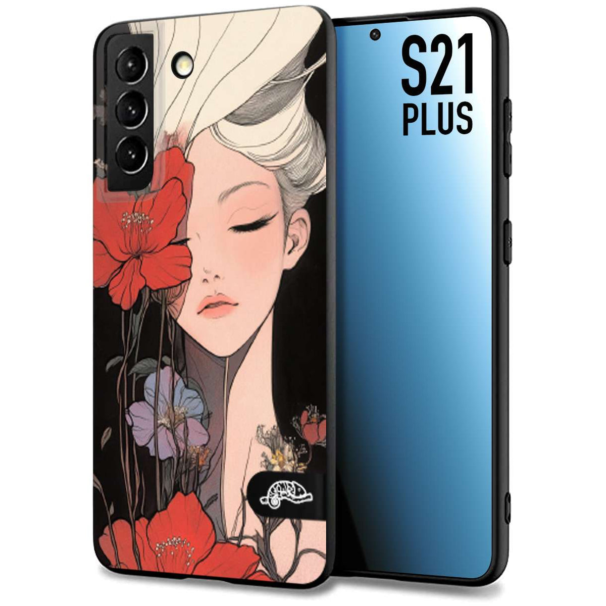 CUSTOMIZZA - Custodia cover nera morbida in tpu compatibile per Samsung S21 PLUS woman flower Fantasia Floreale Design Donna e Fiori, Retro Artistico