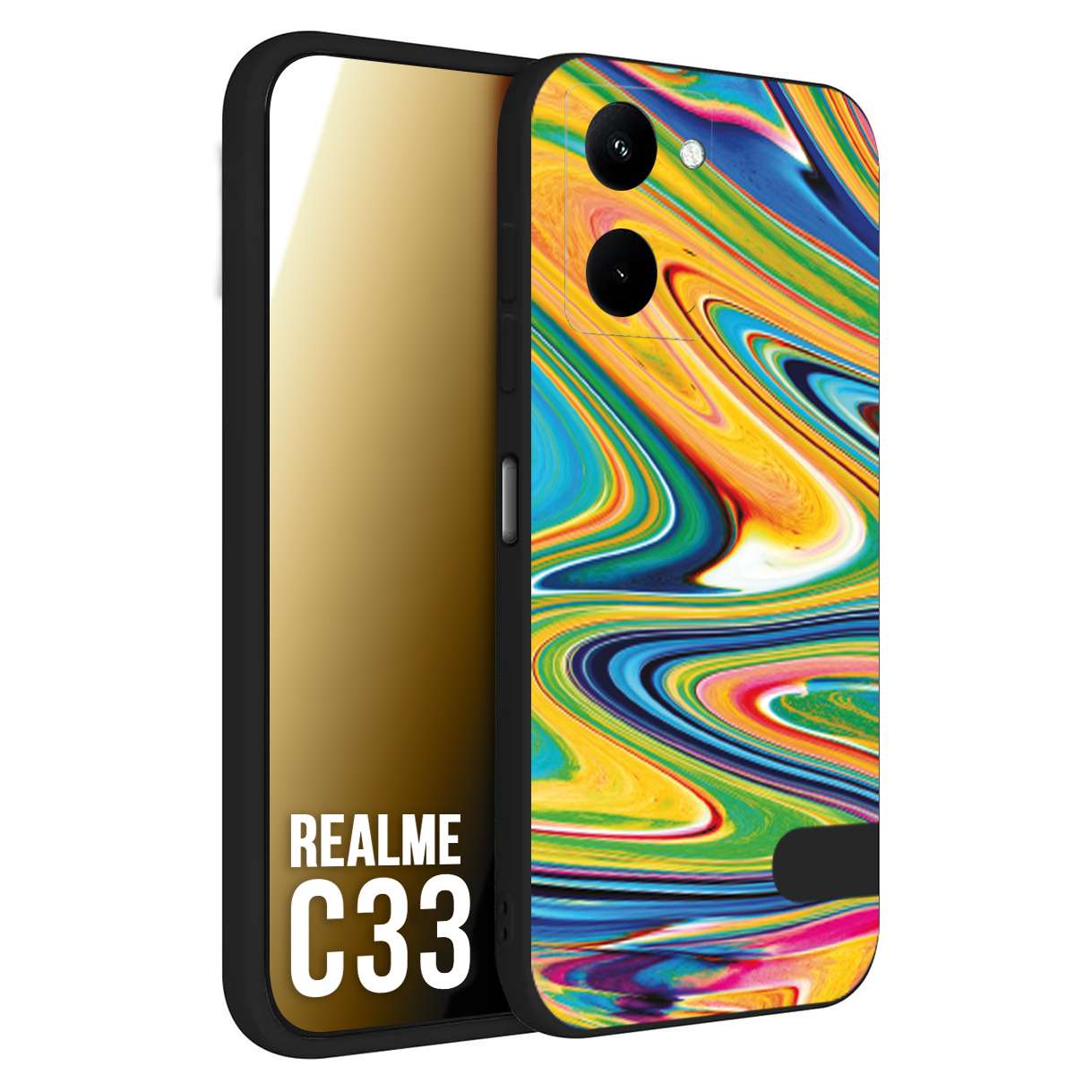CUSTOMIZZA - Custodia cover nera morbida in tpu compatibile per Oppo Realme C33 colorata fantasia vortice marmo arcobaleno gialla verde blu