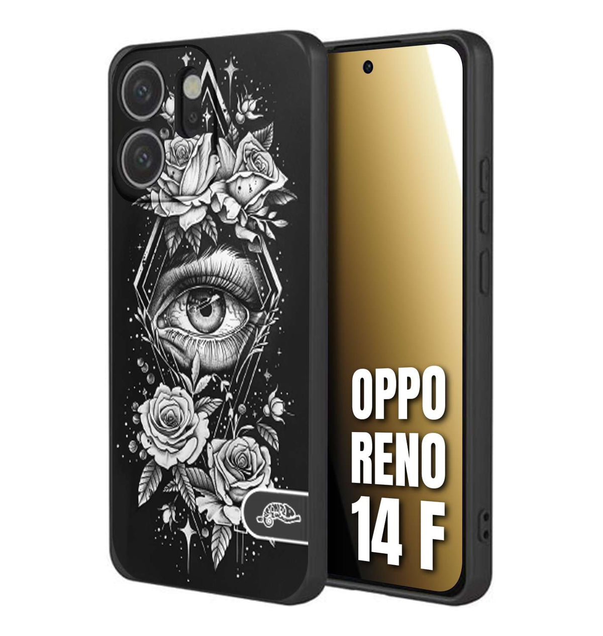 CUSTOMIZZA - Custodia cover nera morbida in tpu compatibile per Oppo Reno 14 F occhio fiori rombo geometrico black and white bianco a rilievo disegnato tattoo tatuaggio