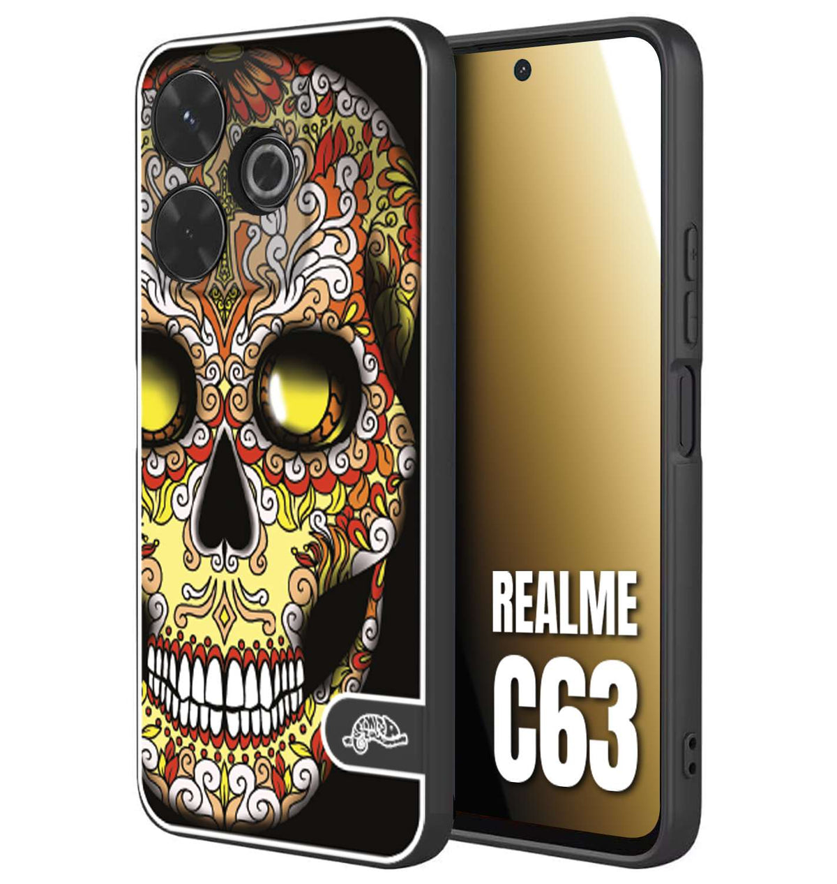 CUSTOMIZZA - Custodia cover nera morbida in tpu compatibile per Realme C63 teschio messicano Mexican skull giallo rosso arancio