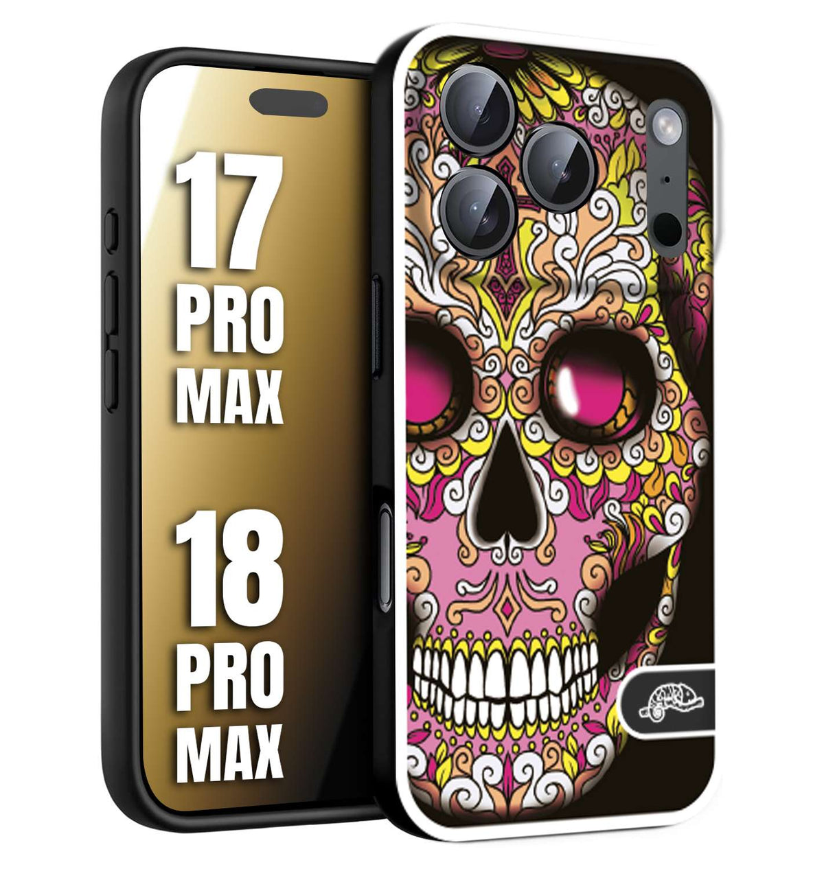 CUSTOMIZZA - Custodia cover nera morbida in tpu compatibile per iPhone 17 PRO MAX - 18 PRO MAX teschio messicano Mexican skull rosa gialla