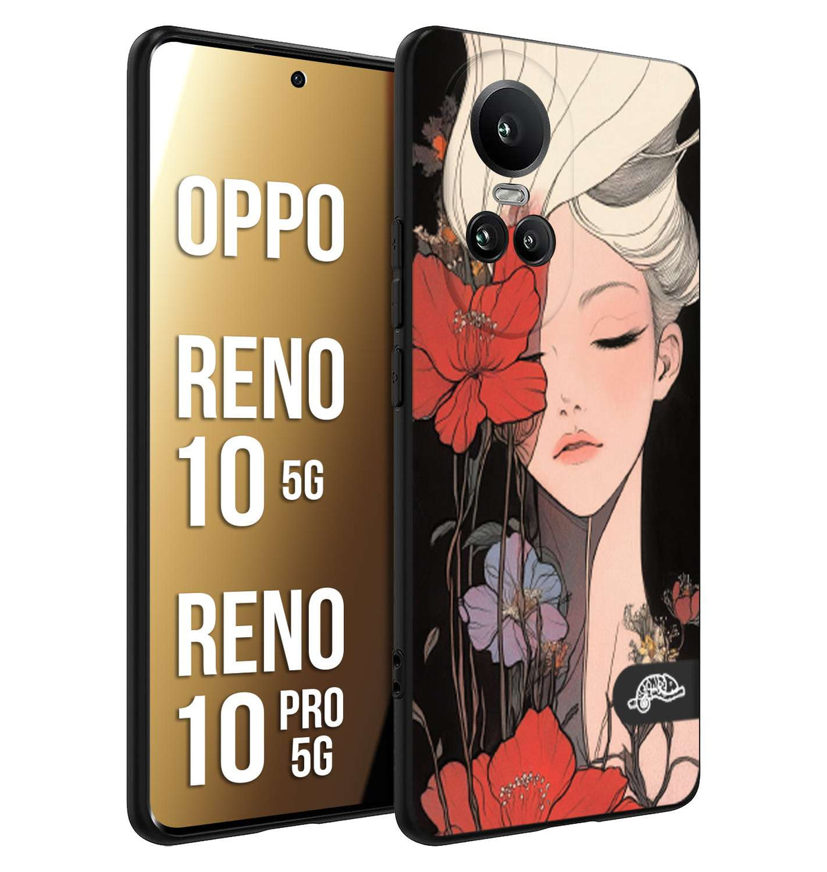 CUSTOMIZZA - Custodia cover nera morbida in tpu compatibile per Oppo Reno 10 5G - 10 PRO 5G woman flower Fantasia Floreale Design Donna e Fiori, Retro Artistico