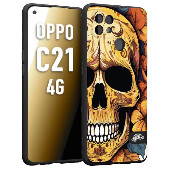 CUSTOMIZZA - Custodia cover nera morbida in tpu compatibile per Realme C21 4G teschio messicano colorato dorato fiori autunnali disegnato