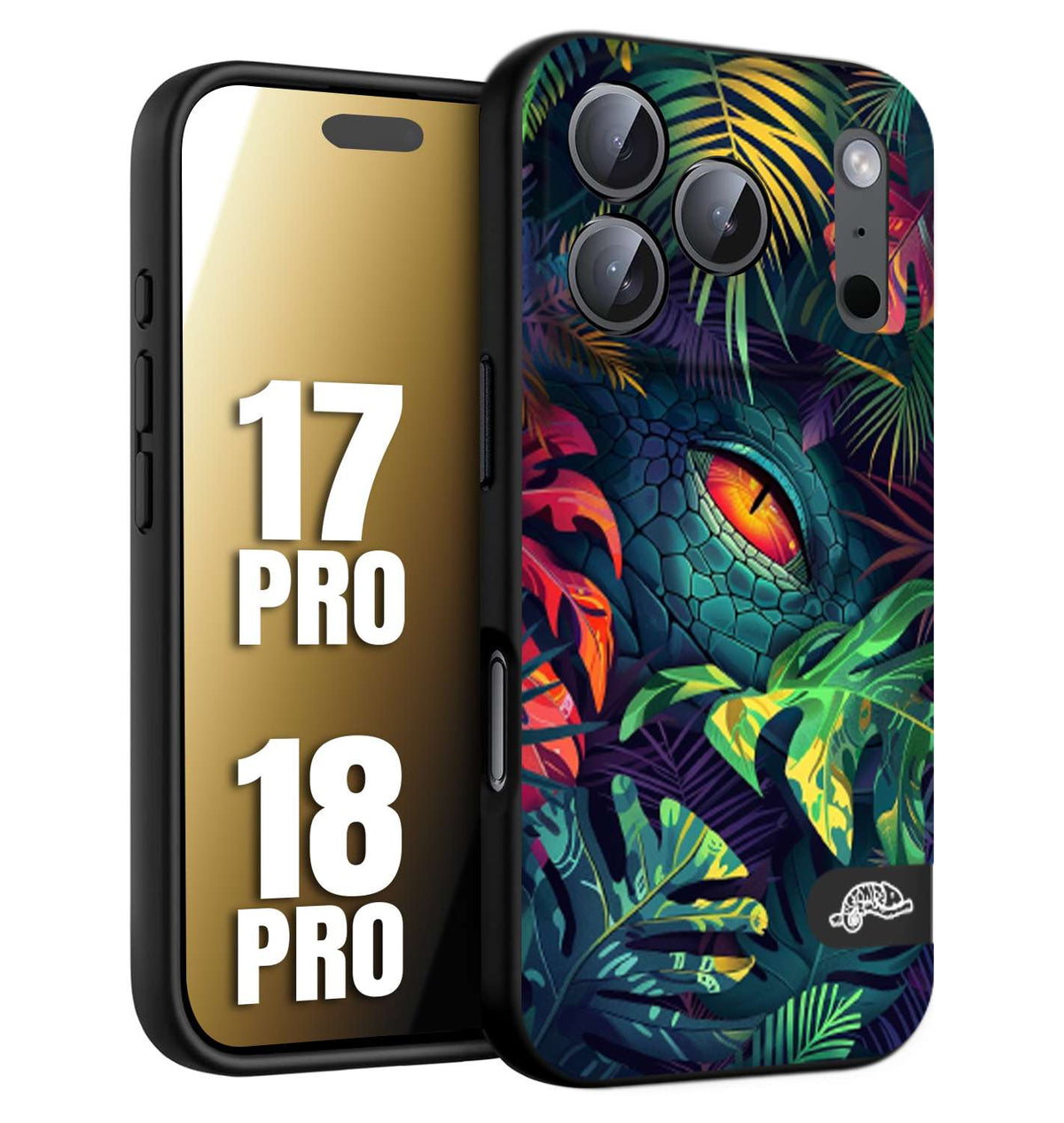 CUSTOMIZZA - Custodia cover nera morbida in tpu compatibile per iPhone 17 PRO - 18 PRO animali color giungla tropicale occhio di coccodrillo alligatore disegnato