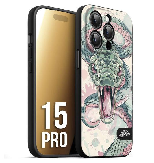CUSTOMIZZA - Custodia cover nera morbida in tpu compatibile per iPhone 15 PRO snake pink green serpente tatuaggio tattoo disegnato a mano