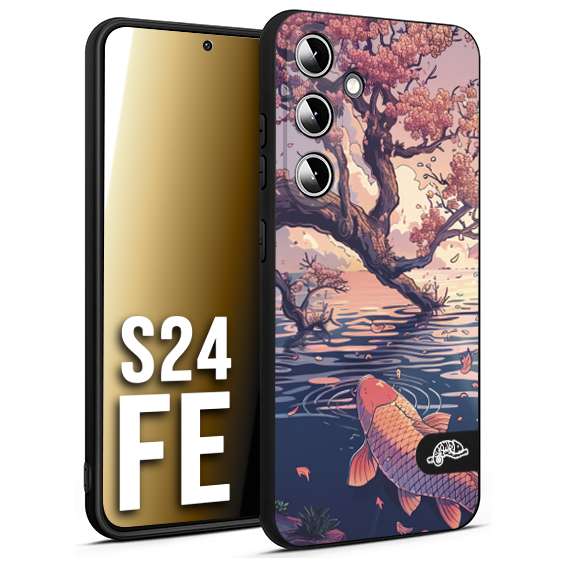 CUSTOMIZZA - Custodia cover nera morbida in tpu compatibile per Samsung S24 FE giapponese lago carpa koi rosa con foglie d'acero disegnata tattoo