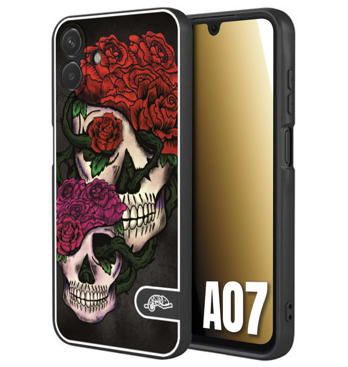 CUSTOMIZZA - Custodia cover nera morbida in tpu compatibile per Samsung A07 teschi e rose rosse fucsia skull and roses