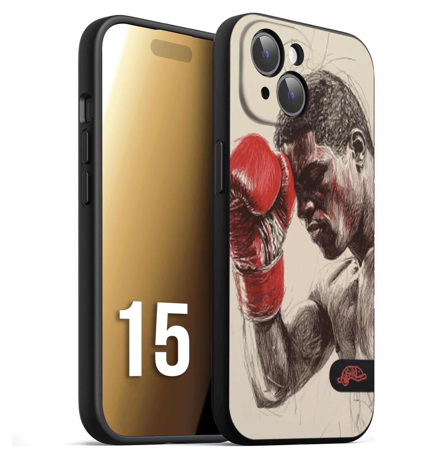 CUSTOMIZZA - Custodia cover nera morbida in tpu compatibile per iPhone 15 pugilato pugili disegno tattoo guantoni boxer pesi massimi