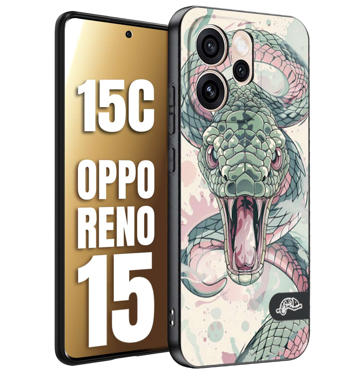 CUSTOMIZZA - Custodia cover nera morbida in tpu compatibile per Oppo Reno 15 - Reno 15Csnake pink green serpente tatuaggio tattoo disegnato a mano