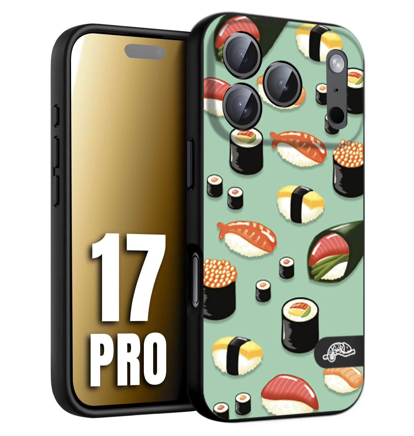 CUSTOMIZZA - Custodia cover nera morbida in tpu compatibile per iPhone 17 PRO sushi disegni giapponese nighiri acquamarina verde