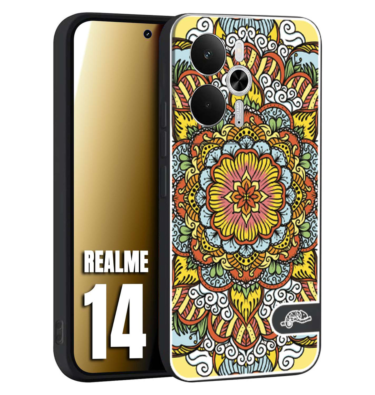 CUSTOMIZZA - Custodia cover nera morbida in tpu compatibile per Realme 14 5G mandala colorato fiore nuvole arancione