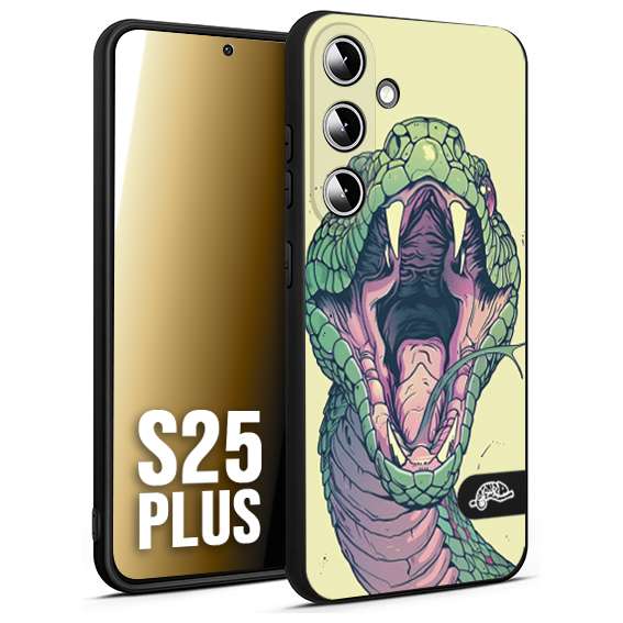 CUSTOMIZZA - Custodia cover nera morbida in tpu compatibile per Samsung S25 PLUS snake yellow green serpente tatuaggio tattoo disegnato a mano