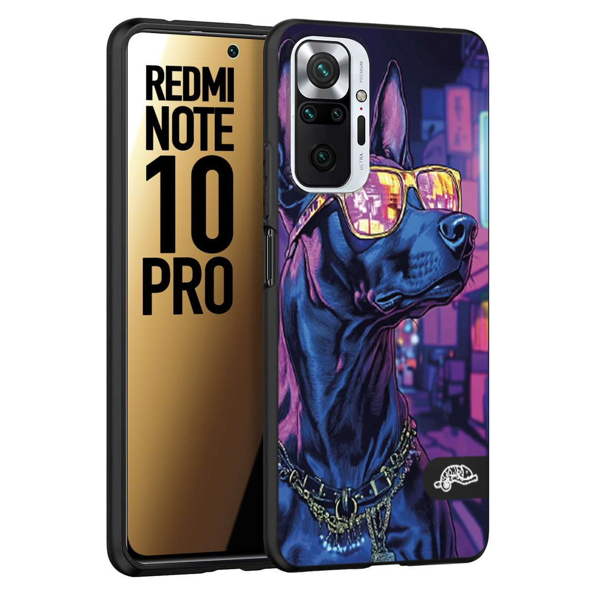 CUSTOMIZZA - Custodia cover nera morbida in tpu compatibile per Xiaomi Redmi Note 10 PRO animali cyberpunk dobermann cane street dog fucsia blu night
