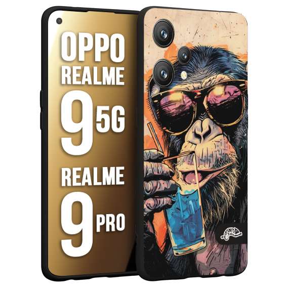 CUSTOMIZZA - Custodia cover nera morbida in tpu compatibile per Oppo Realme 9 5G - 9 PRO estate disegnata cocktails animali simpatici scimmia monkey negroni
