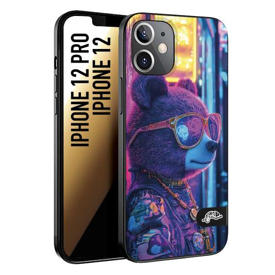 CUSTOMIZZA - Custodia cover nera morbida in tpu compatibile per iPhone 12 - 12 PRO animali cyberpunk orsetto orso street bear fucsia blu night