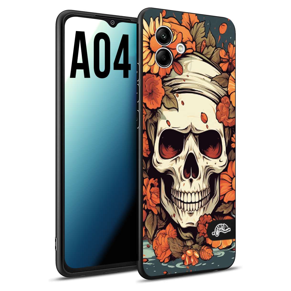 CUSTOMIZZA - Custodia cover nera morbida in tpu compatibile per Samsung A04 teschio skull flowers fiori tattoo disegnato alta definizione