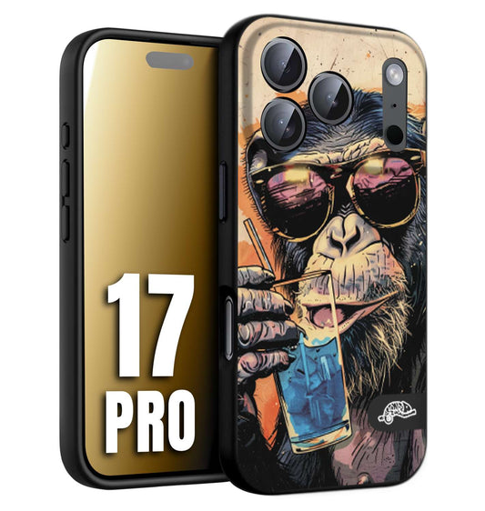 CUSTOMIZZA - Custodia cover nera morbida in tpu compatibile per iPhone 17 PRO estate disegnata cocktails animali simpatici scimmia monkey negroni