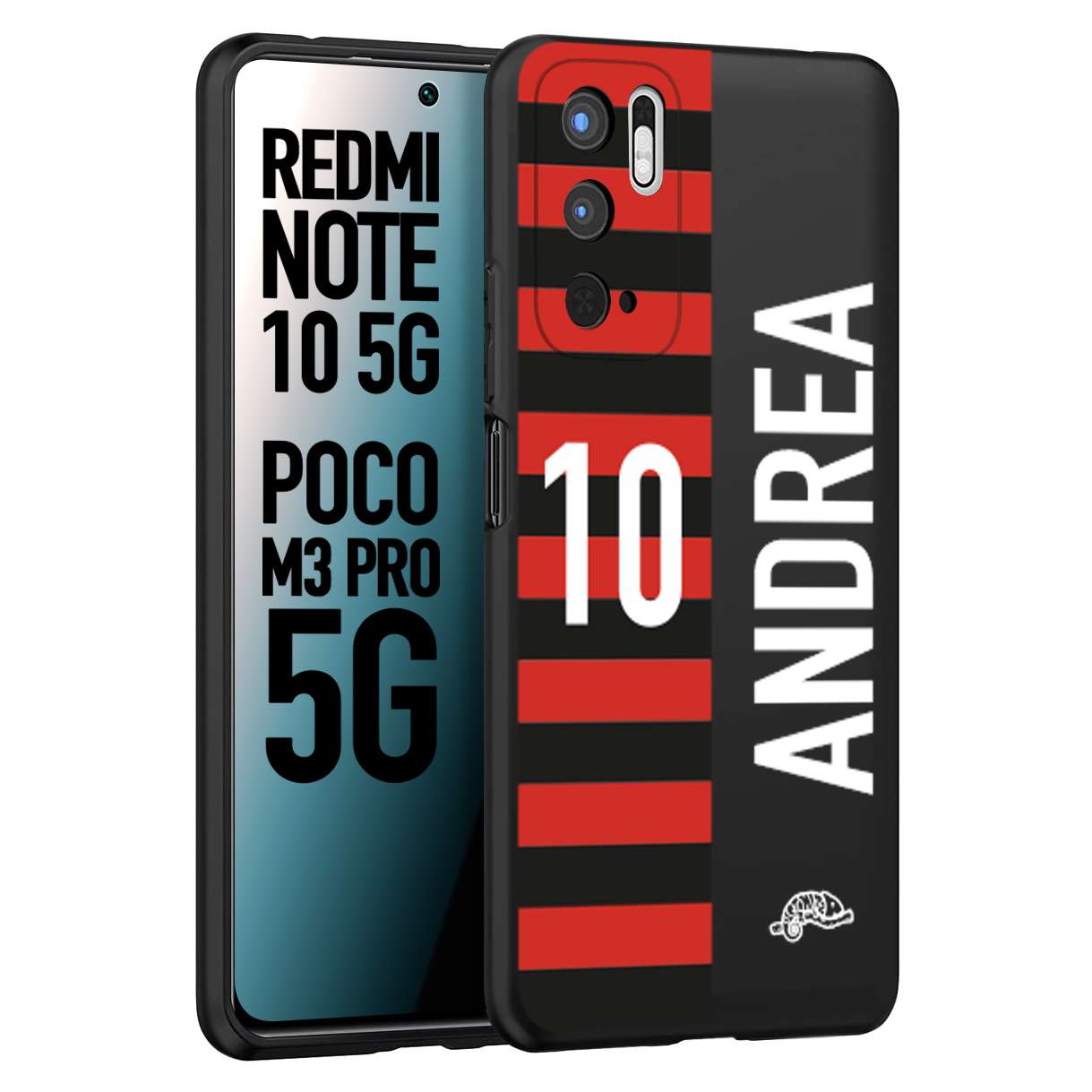 CUSTOMIZZA - Custodia cover nera morbida in tpu compatibile per Xiaomi Redmi Note 10 5G - Poco M3 Pro 5G personalizzata calcio football nome e numero calciatori rossonera