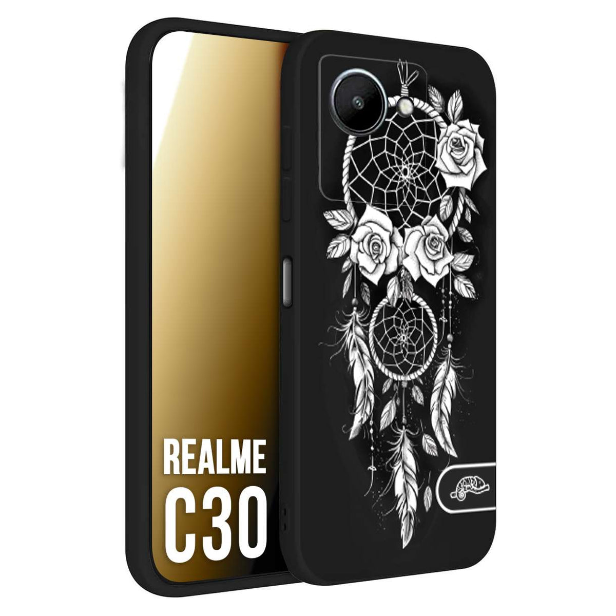 CUSTOMIZZA - Custodia cover nera morbida in tpu compatibile per Realme C30 acchiappasogni dreamcatcher black and white bianco a rilievo disegnato tattoo tatuaggio