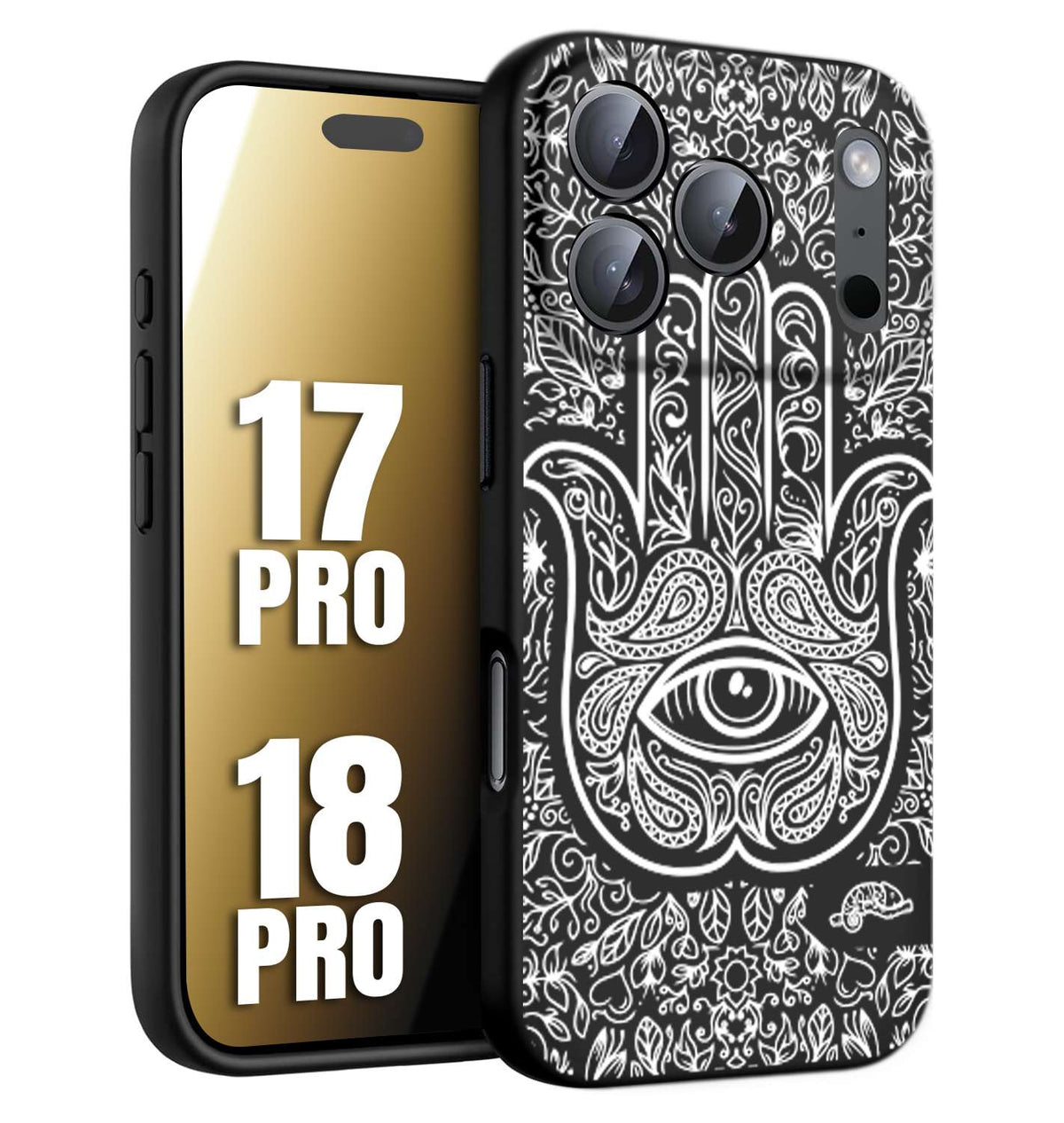 CUSTOMIZZA - Custodia cover nera morbida in tpu compatibile per iPhone 17 PRO - 18 PRO mano di fatima effetto rilievo mandala donna