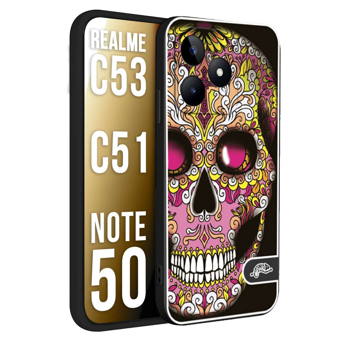 CUSTOMIZZA - Custodia cover nera morbida in tpu compatibile per Realme C53 - C51 - NOTE 50 teschio messicano Mexican skull rosa gialla