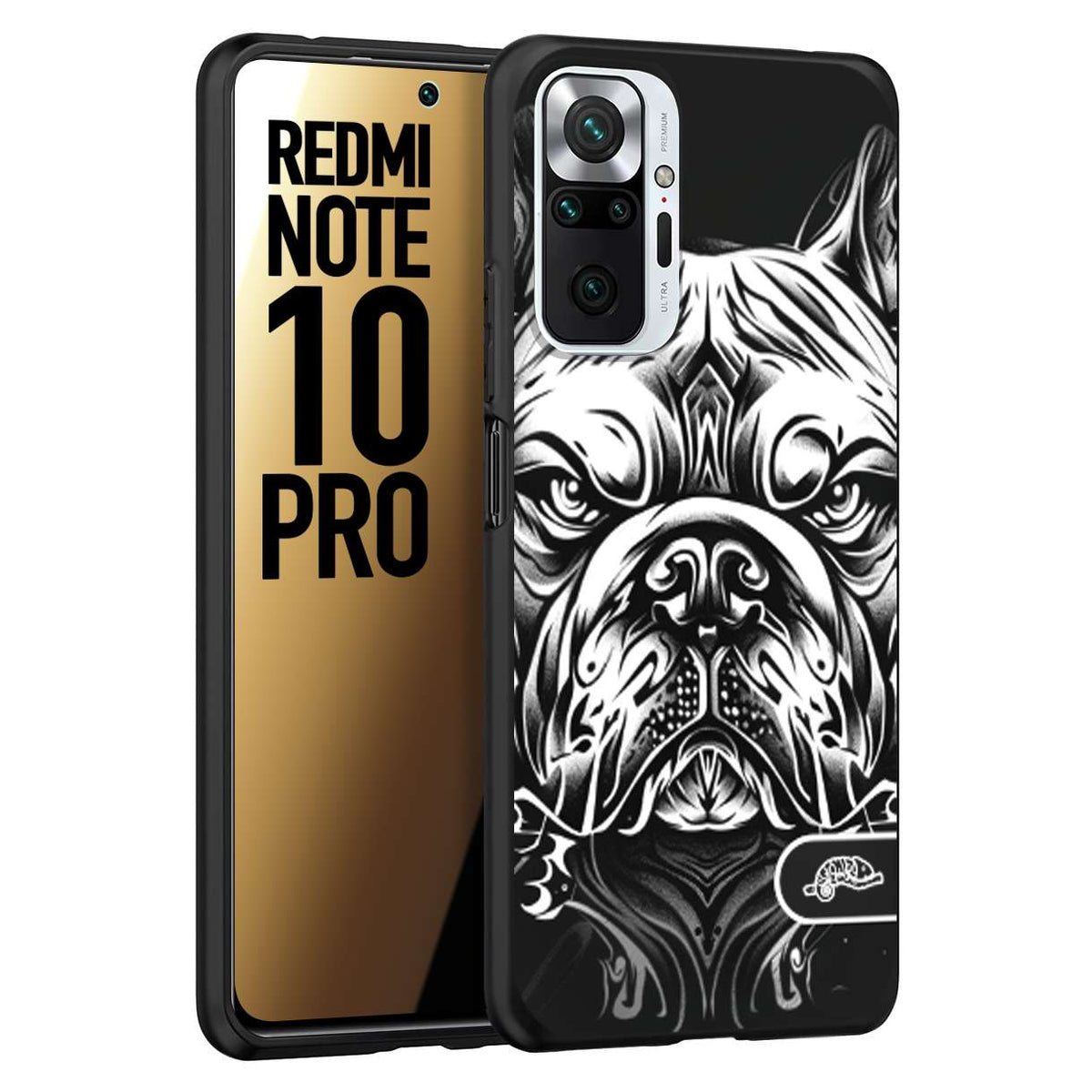 CUSTOMIZZA - Custodia cover nera morbida in tpu compatibile per Xiaomi Redmi Note 10 PRO bulldog bianco a rilievo disegnato tattoo tatuaggio