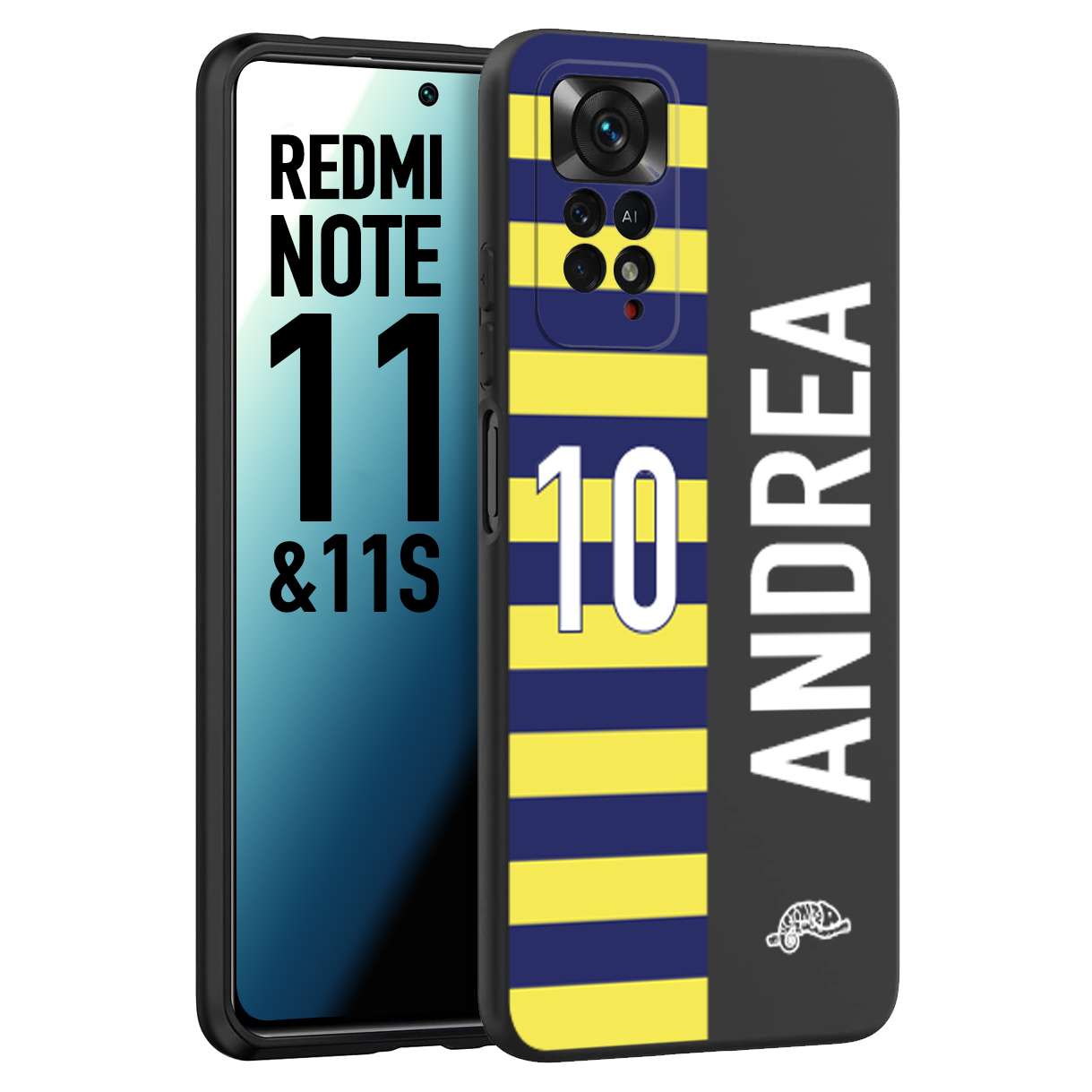 CUSTOMIZZA - Custodia cover nera morbida in tpu compatibile per Xiaomi Redmi Note 11 - Note 11S personalizzata calcio football nome e numero calciatori giallo blu