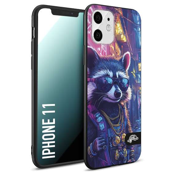 CUSTOMIZZA - Custodia cover nera morbida in tpu compatibile per iPhone 11 animali simpatici cyberpunk procione racoon street cat fucsia blu giallo