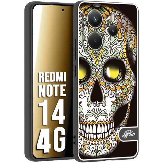 CUSTOMIZZA - Custodia cover nera morbida in tpu compatibile per Xiaomi Redmi Note 14 4G teschio messicano Mexican skull bianco verde giallo