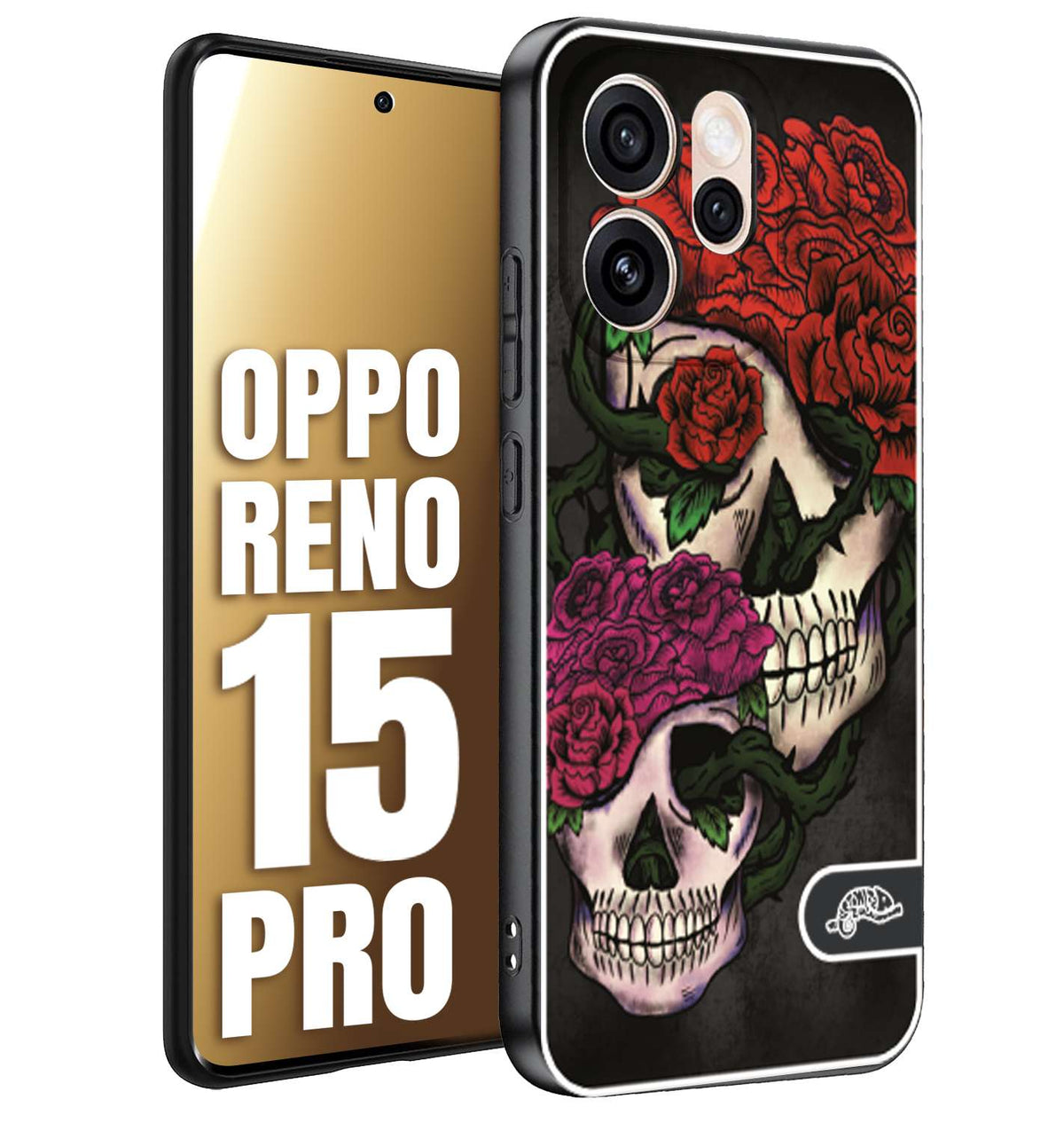 CUSTOMIZZA - Custodia cover nera morbida in tpu compatibile per Oppo Reno 15 PRO teschi e rose rosse fucsia skull and roses