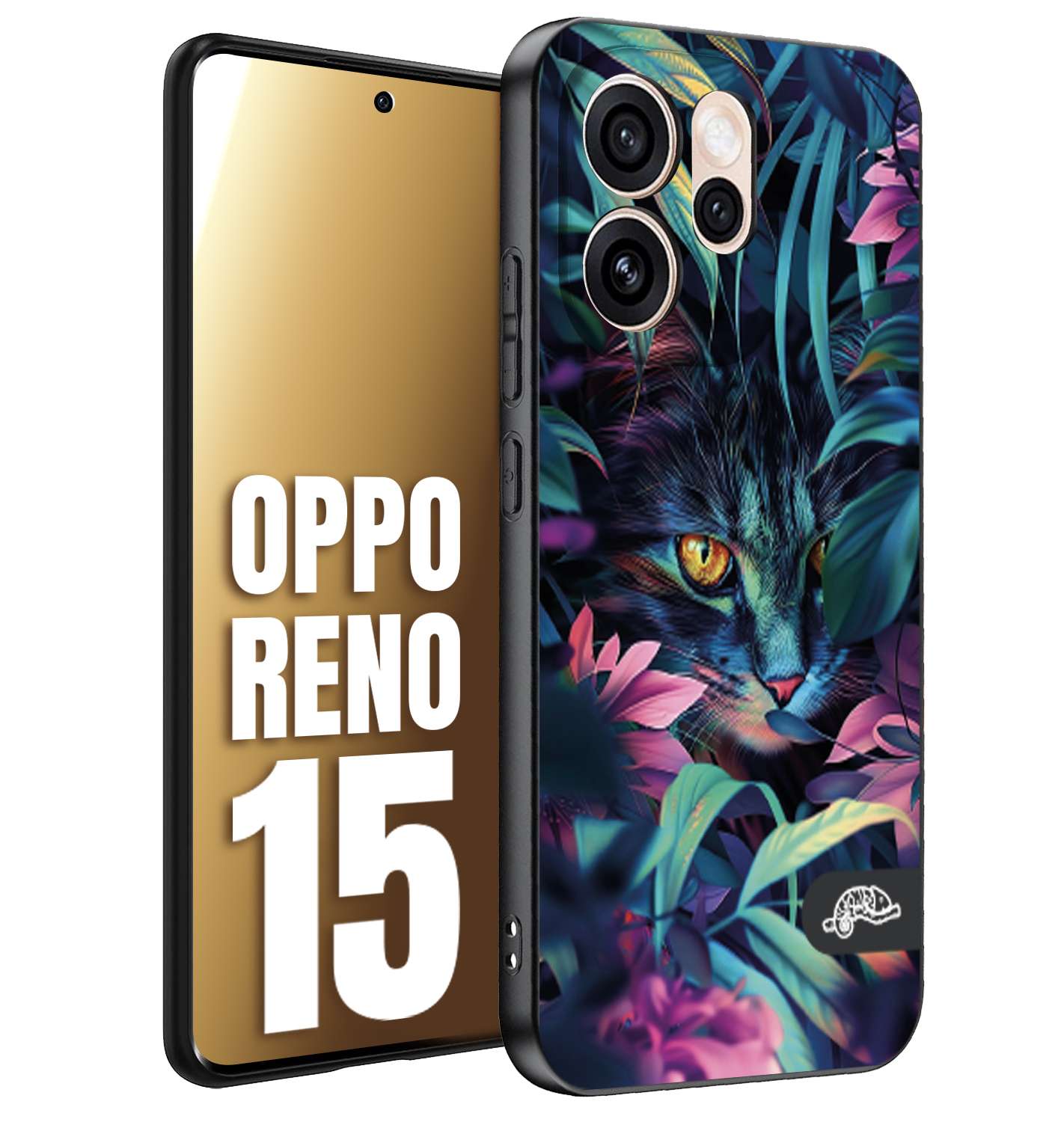 CUSTOMIZZA - Custodia cover nera morbida in tpu compatibile per Oppo Reno 15 animali color giungla tropicale occhio di gatto colori vibranti disegnato