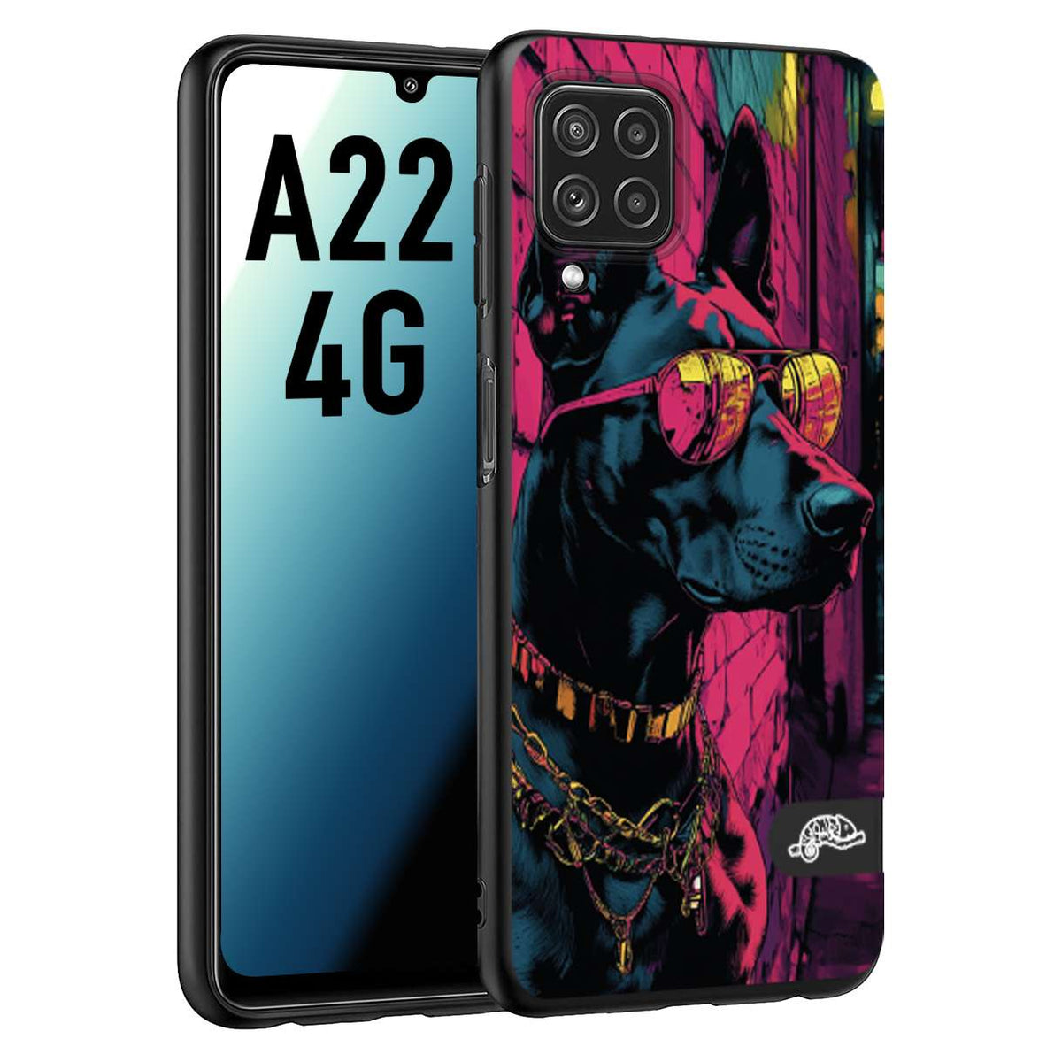 CUSTOMIZZA - Custodia cover nera morbida in tpu compatibile per Samsung A22 4G animali cyberpunk dobermann cane street dog fucsia blu