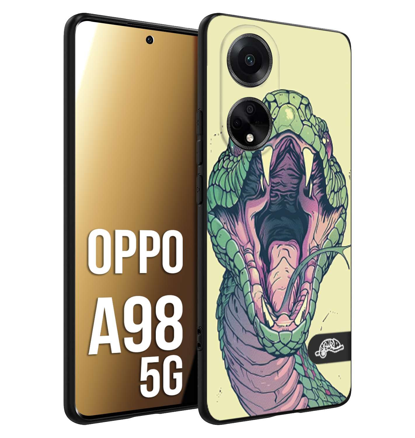 CUSTOMIZZA - Custodia cover nera morbida in tpu compatibile per Oppo A98 5G snake yellow green serpente tatuaggio tattoo disegnato a mano