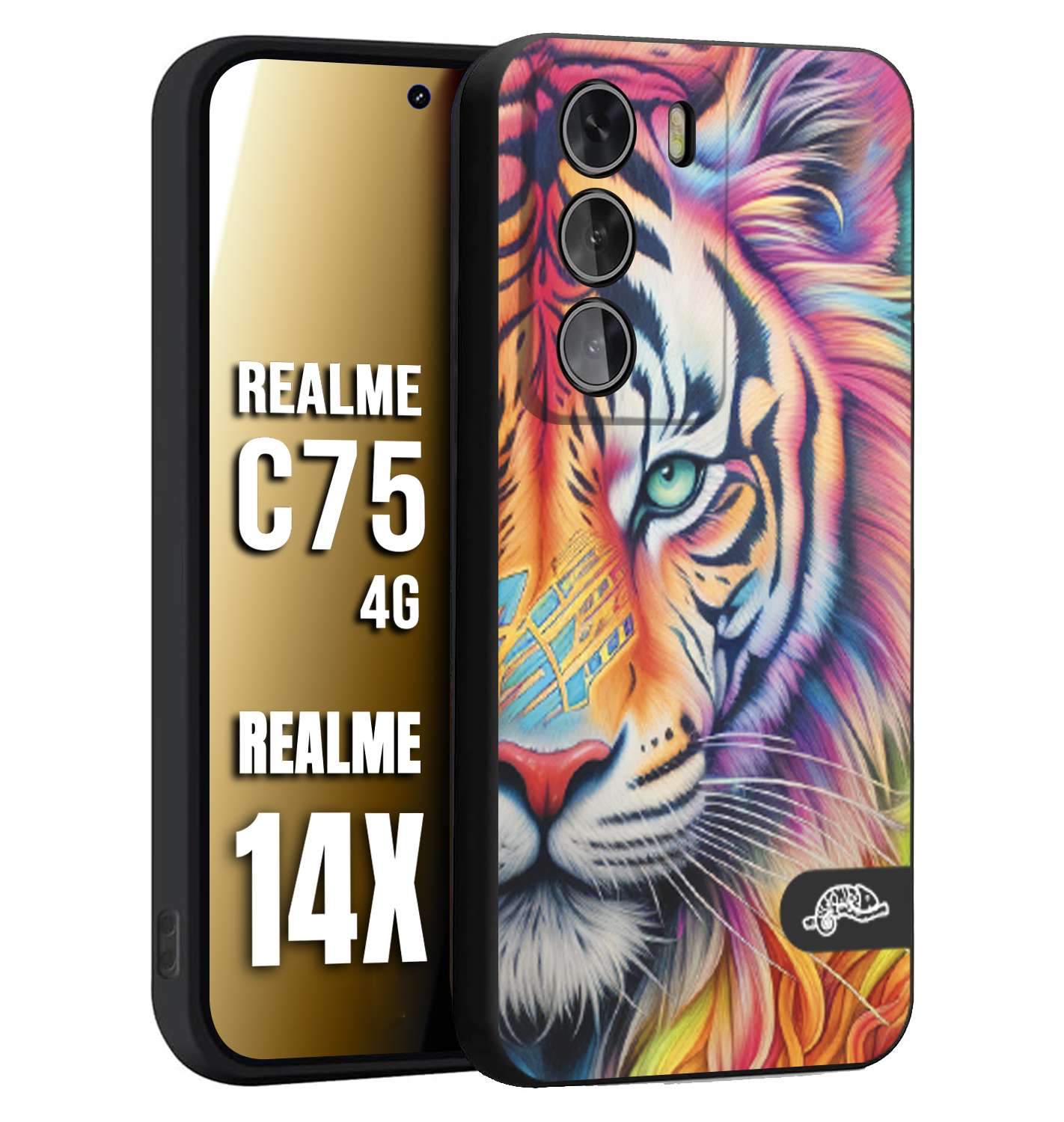 CUSTOMIZZA - Custodia cover nera morbida in tpu compatibile per Realme 14X - C75 4G animali color tigre tiger viso colori vibranti disegnato schizzo