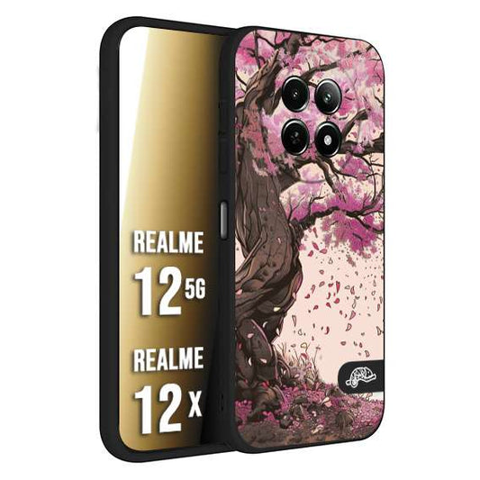 CUSTOMIZZA - Custodia cover nera morbida in tpu compatibile per Realme 12 5G - 12X giapponese colori morbidi fiori di ciliegio rosa disegnata
