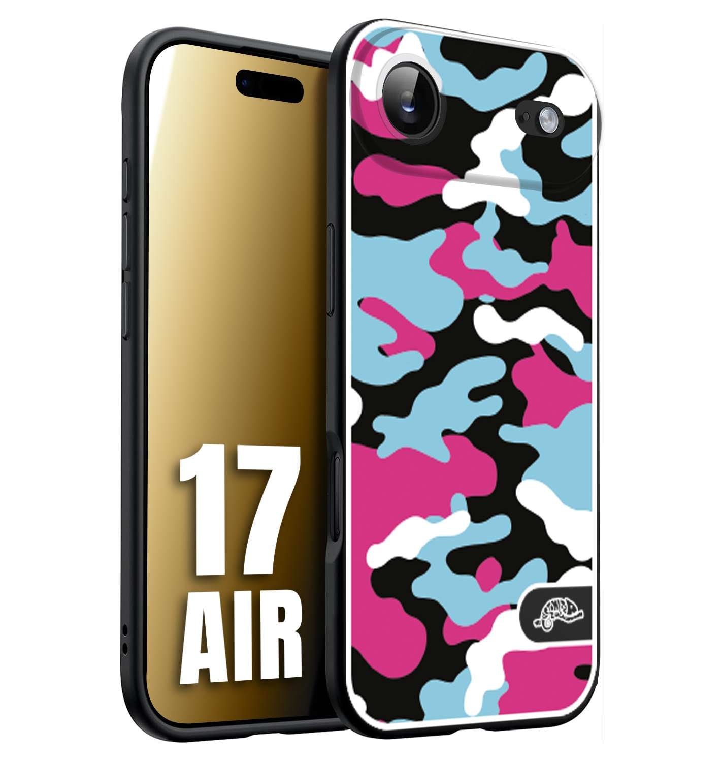CUSTOMIZZA - Custodia cover nera morbida in tpu compatibile per iPhone 17 AIR camouflage mimetico militare fucsia celeste