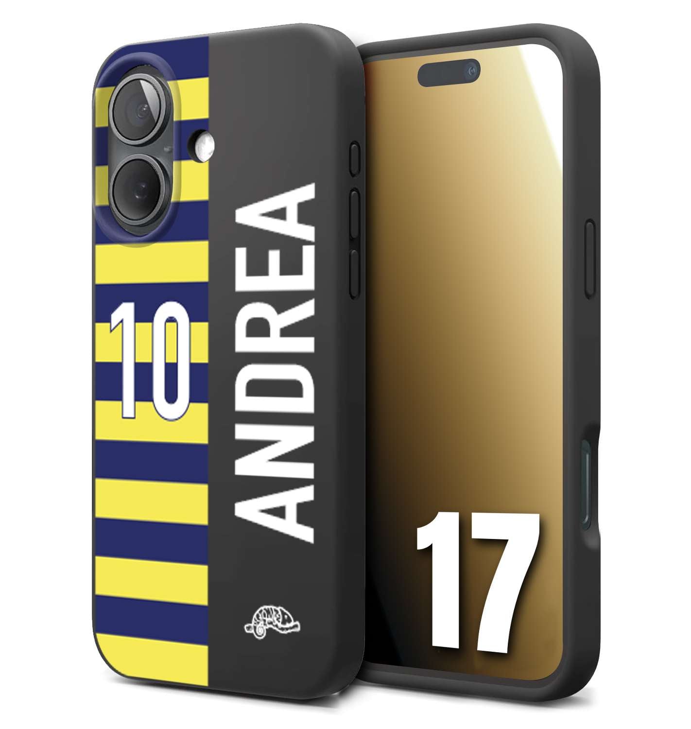 CUSTOMIZZA - Custodia cover nera morbida in tpu compatibile per iPhone 17 personalizzata calcio football nome e numero calciatori giallo blu