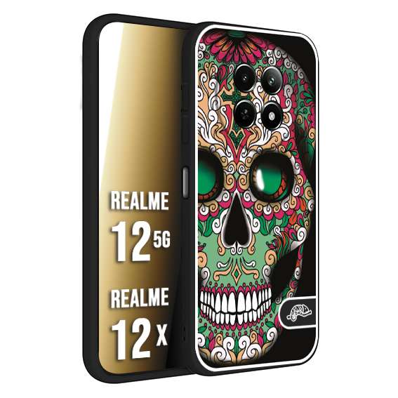CUSTOMIZZA - Custodia cover nera morbida in tpu compatibile per Realme 12 5G - 12X teschio messicano Mexican skull verde fucsia