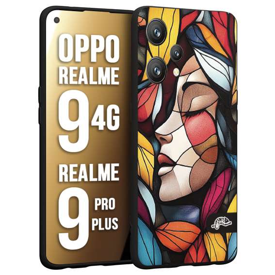 CUSTOMIZZA - Custodia cover nera morbida in tpu compatibile per Realme 9 4G - 9 PRO PLUS Vetrata artistica volto di donna profilo fogliare mosaico di vetro colorato