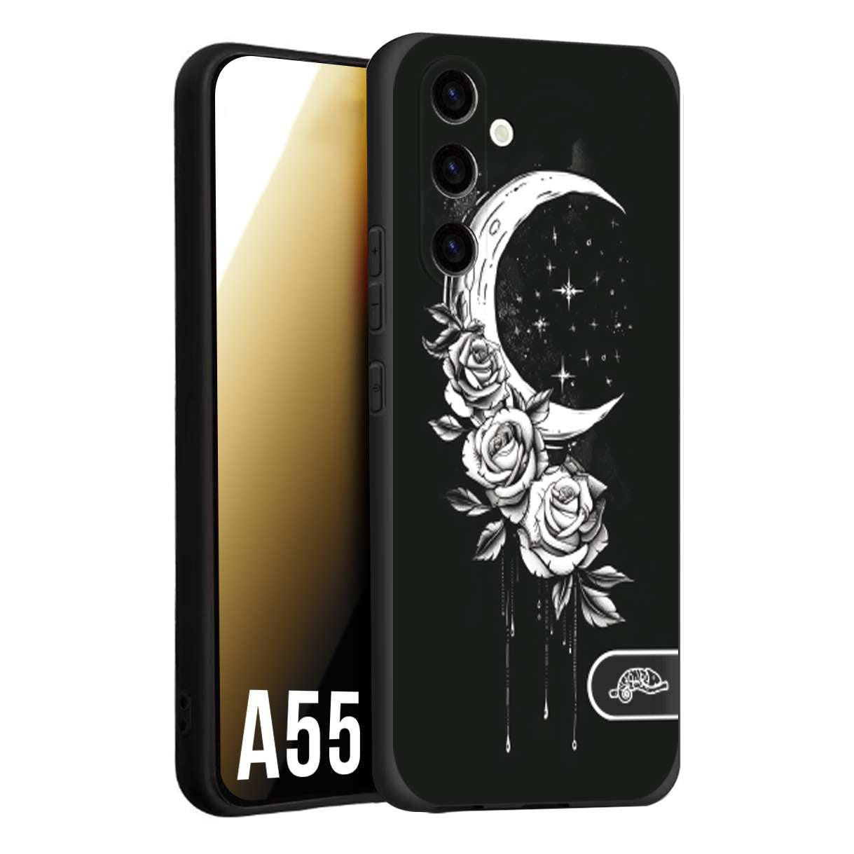 CUSTOMIZZA - Custodia cover nera morbida in tpu compatibile per Samsung A55 5G luna e fiori moon flowers black and white bianco a rilievo disegnato tattoo tatuaggio