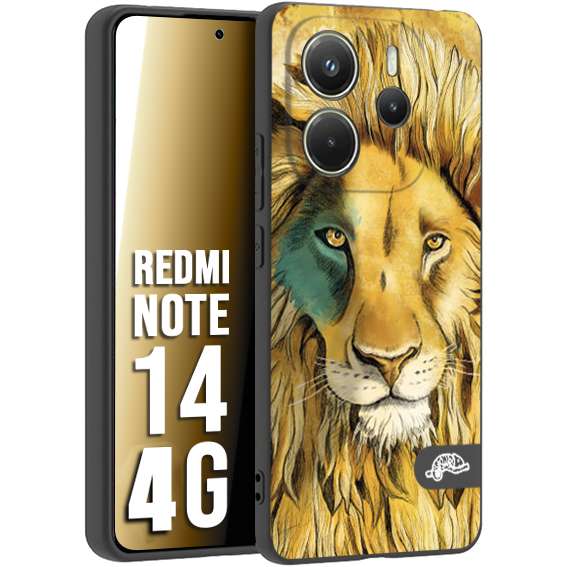 CUSTOMIZZA - Custodia cover nera morbida in tpu compatibile per Xiaomi Redmi Note 14 4G leone lion disegnato a mano giallo blu a rilievo artistico brown