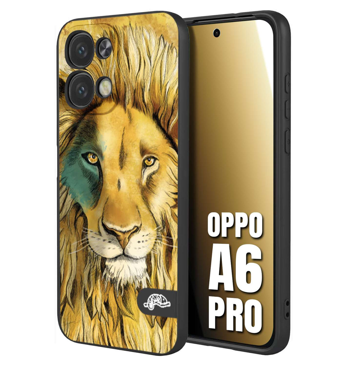 CUSTOMIZZA - Custodia cover nera morbida in tpu compatibile per Oppo A6 PRO leone lion disegnato a mano giallo blu a rilievo artistico brown