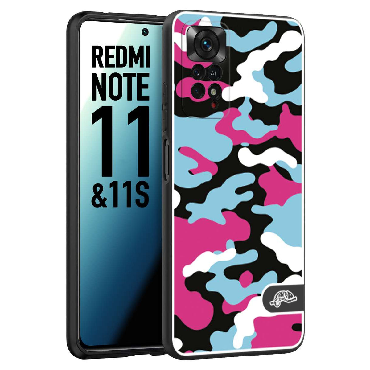 CUSTOMIZZA - Custodia cover nera morbida in tpu compatibile per Xiaomi Redmi Note 11 - Note 11S camouflage mimetico militare fucsia celeste