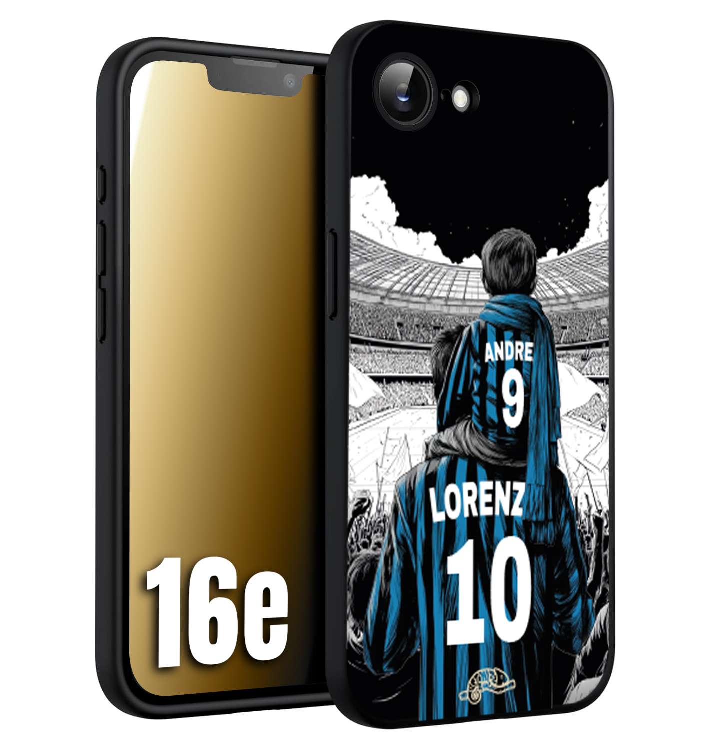 CUSTOMIZZA - Custodia cover nera morbida in tpu compatibile per iPhone 16E personalizzata calcio football padre e figlio calciatori nerazzurra