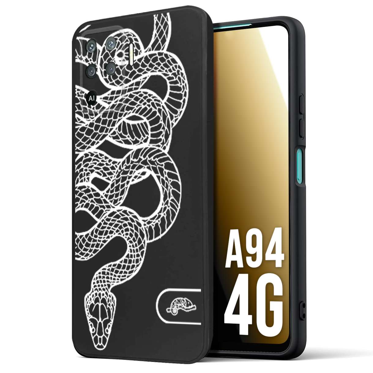 CUSTOMIZZA - Custodia cover nera morbida in tpu compatibile per Oppo A94 4G serpente snake bianco a rilievo disegnato tattoo tatuaggio