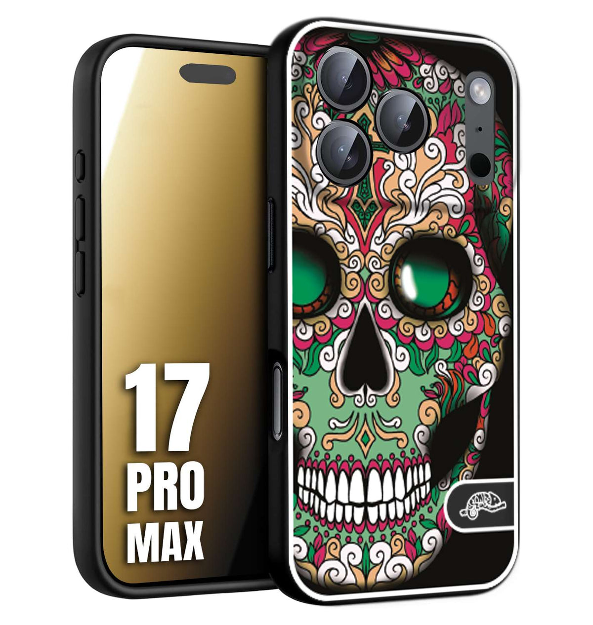 CUSTOMIZZA - Custodia cover nera morbida in tpu compatibile per iPhone 17 PRO MAX teschio messicano Mexican skull verde fucsia