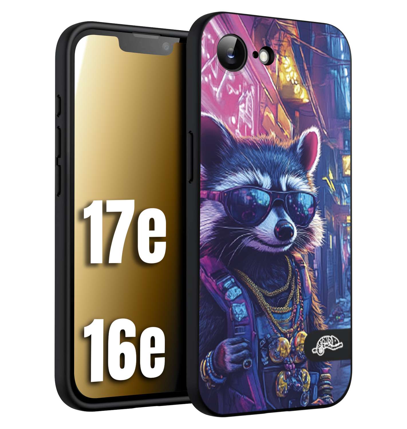 CUSTOMIZZA - Custodia cover nera morbida in tpu compatibile per iPhone 16E - 17E animali simpatici cyberpunk procione racoon street cat fucsia blu giallo