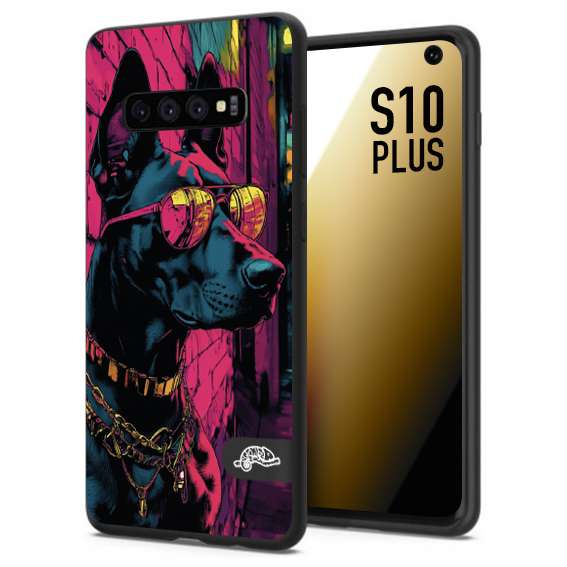 CUSTOMIZZA - Custodia cover nera morbida in tpu compatibile per Samsung S10 PLUS animali cyberpunk dobermann cane street dog fucsia blu